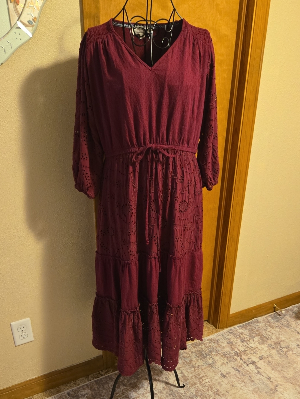 Nurture By Westbound Wine Eyelet Tiered Maxi Dress with Drawstring